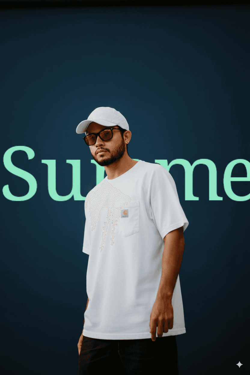 Portrait with stylized text behind subject